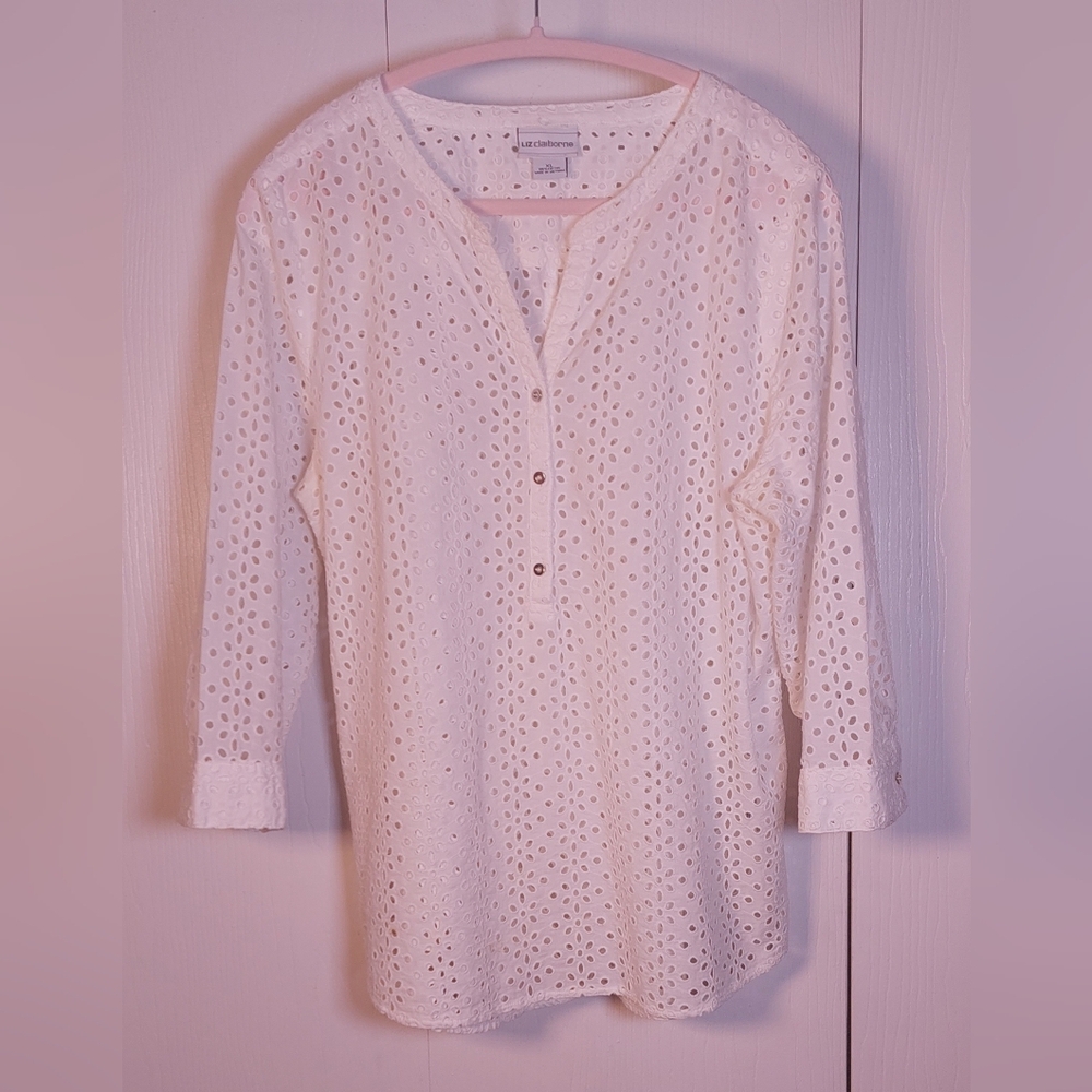 Liz Claiborne White 100% Cotton Floral Eyelet Tunic Top Size XL Blouse Chic